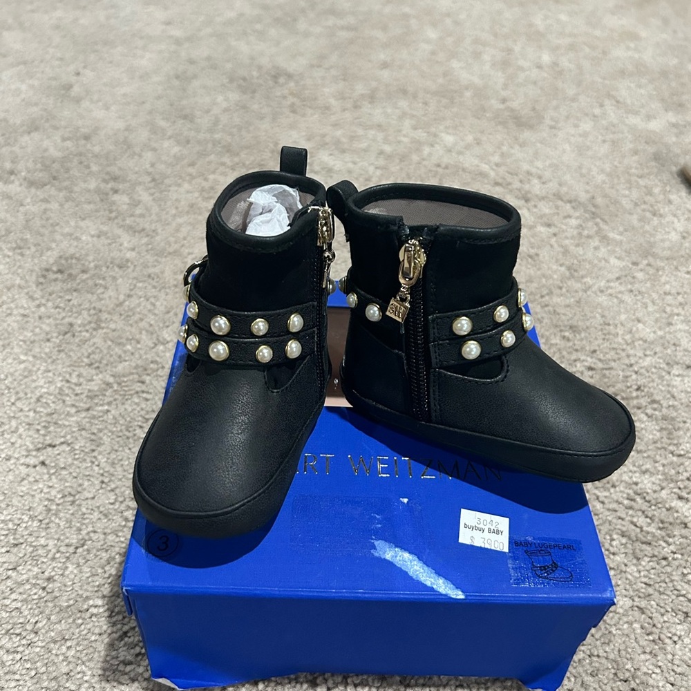 Stuart Weitzman Black Baby Boots with Pearl Details